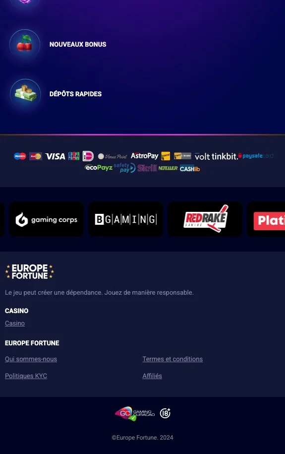les bonus sur Europe Fortune Casino